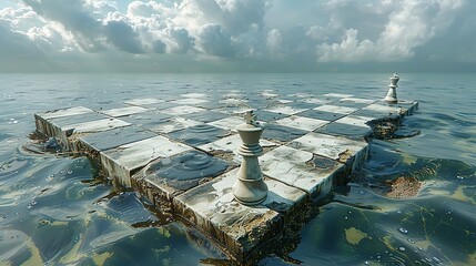 Surreal landscape of a broken chessboard floating over an endless sea, with pieces slowly sinking, representing strategic loss and contemplation - obrazy, fototapety, plakaty