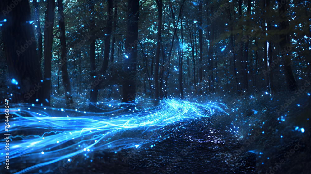 Poster trails of light created by the movement of organisms, creating a magical and mysterious atmosphere