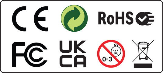 Sign of recycling or Industrial certificate standard safety logo CE, EAC, UKCA, RoHS. Environmental protection