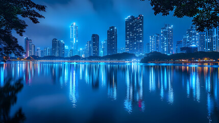 Fototapeta na wymiar The reflections of city lights in lakes at night, combining urban skylines with serene natural settings