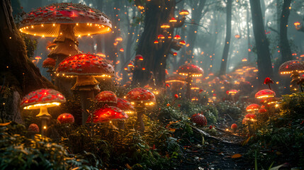 Transform a forest scene into a fantasy-inspired setting by emphasizing mushroom colonies and enchanting lighting