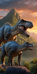 Fototapeta premium Tyrannosaurus on a walk in the tropics among palm trees.