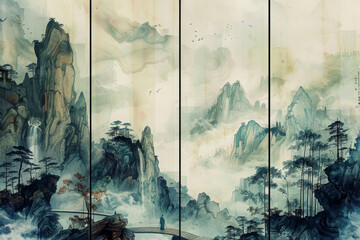 A misty mountain landscape painted across four panels. Bamboo groves cling to rocky cliffs, disappearing into the clouds.