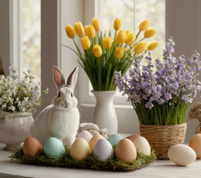 Cute white Easter bunny sits among spring flowers and painted eggs.
