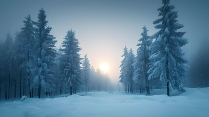 The ethereal beauty of moonlit snow-covered pine tree forests, highlighting the serene and quiet winter landscapes