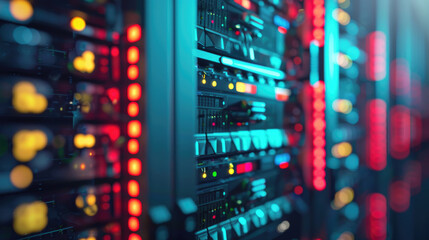 Naklejka premium Data Center Interior, Close-Up View of Server Room Equipment