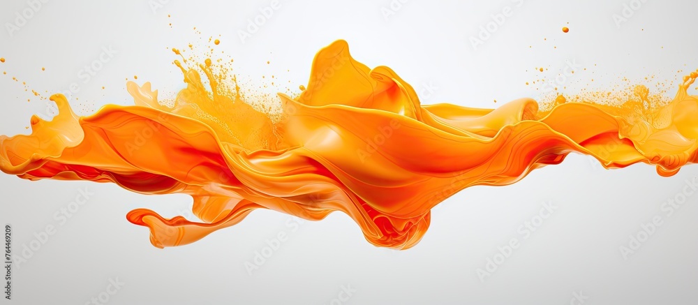 Poster a close up image showing a splash of orange liquid, capturing the dynamic movement and vibrant color