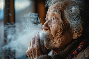Elderly people are taking medicine and inhaling medicine for asthma.AI generetive. - obrazy, fototapety, plakaty