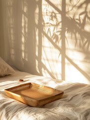 Wooden Tray with Soft Morning Sunlight, Japanese Bright Theme. Generative AI.