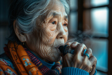 Elderly people are taking medicine and inhaling medicine for asthma.AI generetive. - obrazy, fototapety, plakaty