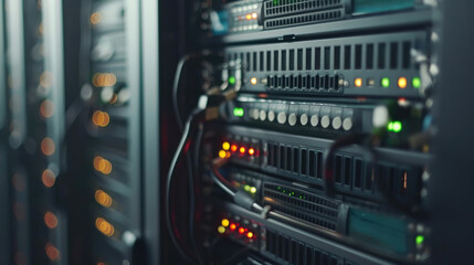 Data Center Interior, Close-Up View of Server Room Equipment