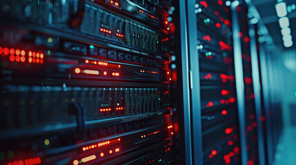 Obraz premium Data Center Interior, Close-Up View of Server Room Equipment