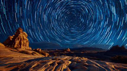 Set up a time-lapse capturing the movements of stars and celestial bodies over vast desert landscapes
