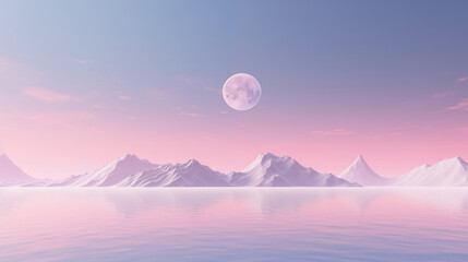 Pink-Toned Mountain Range and Full Moon. Generative AI.