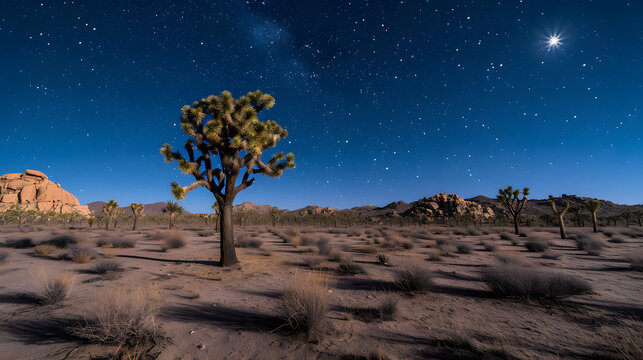 Surreal desert landscapes under the moonlight, emphasizing the unique forms of Joshua trees against the night sky