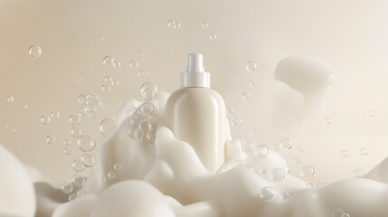 Fototapeta na wymiar Photo of shampoo bottle with foam, surrounded by bubbles. Generative AI.