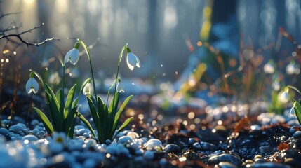 Early sign of spring.Tender snowdrops flowering from the snow. Ai generated