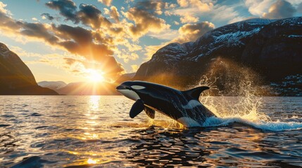 Killer whale aka Orca jumping from the water at sunset. Ai generated - obrazy, fototapety, plakaty