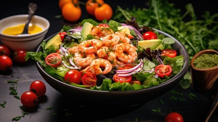 Rich plates of salad from green leaves mix and vegetables with avocado or eggs, chicken and shrimps