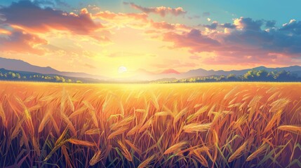 Golden wheat field with morning sun background in the sky with bright clouds. AI generated - obrazy, fototapety, plakaty