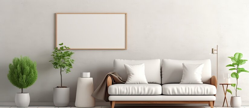 Mock mock of a poster hanging on the wall of a vibrant living room, showcasing a design idea in a modern home setting