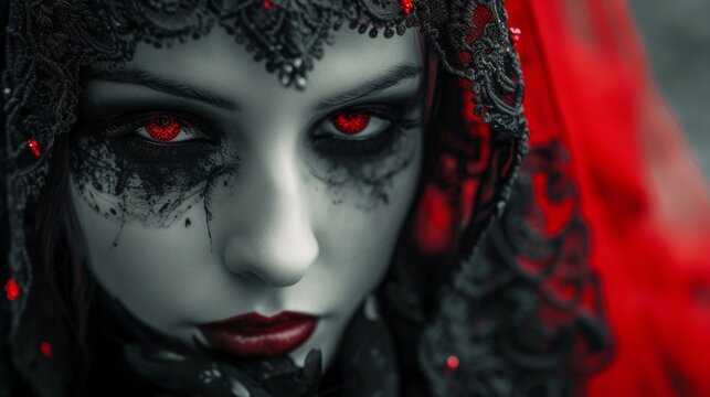 Gothic woman portrait with red eyes and black makeup