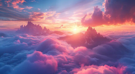 Silhouetted mountains under a dreamy pink sky with fluffy clouds at sunset,ai generated