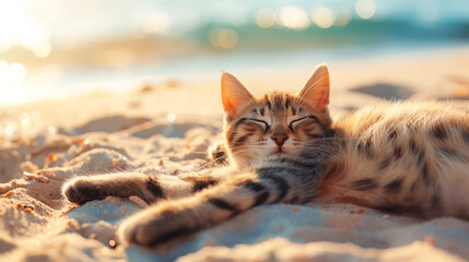 Obraz premium Cat Relaxing by the Seashore. Generative AI.