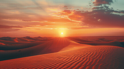 Sun setting over the desert dunes, casting a warm glow,ai generated