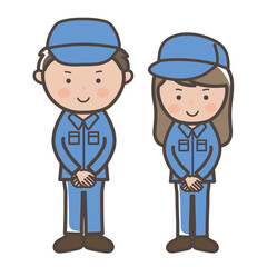手を前で組んで立つ作業着姿の男女作業員（清掃員）のイラスト