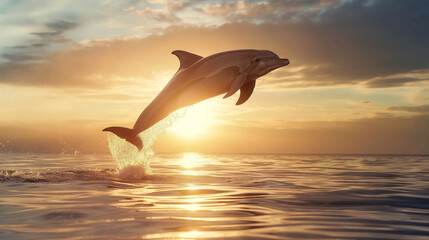 Dolphin Leaping Out of Water with Sunset Background. Generative AI.