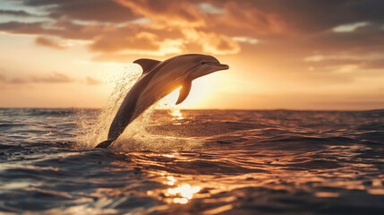 Fototapeta premium Dolphin Leaping Out of Water with Sunset Background. Generative AI.