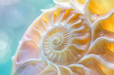 A closeup of the nautilus shell, showcasing its intricate spiral pattern and vibrant yellow color against a soft pastel background