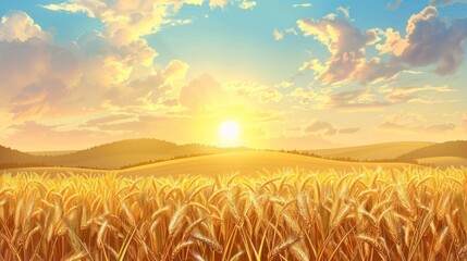 Golden wheat field with morning sun background in the sky with bright clouds. AI generated - obrazy, fototapety, plakaty