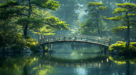 Sunlight filters through pine trees onto a bridge reflected in a vibrant, serene pond,ai generated