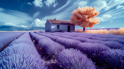 Lavender fields into infrared dreams, presenting a surreal and dreamy perspective on these aromatic landscapes - obrazy, fototapety, plakaty