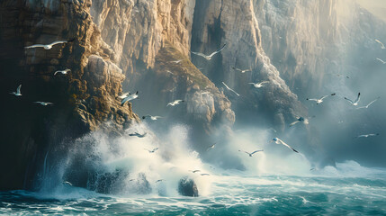 Dynamic scenes of coastal cliffs with seabirds in flight, emphasizing the energy and movement in...