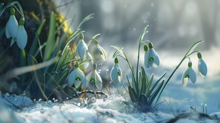 Early sign of spring.Tender snowdrops flowering from the snow. Ai generated