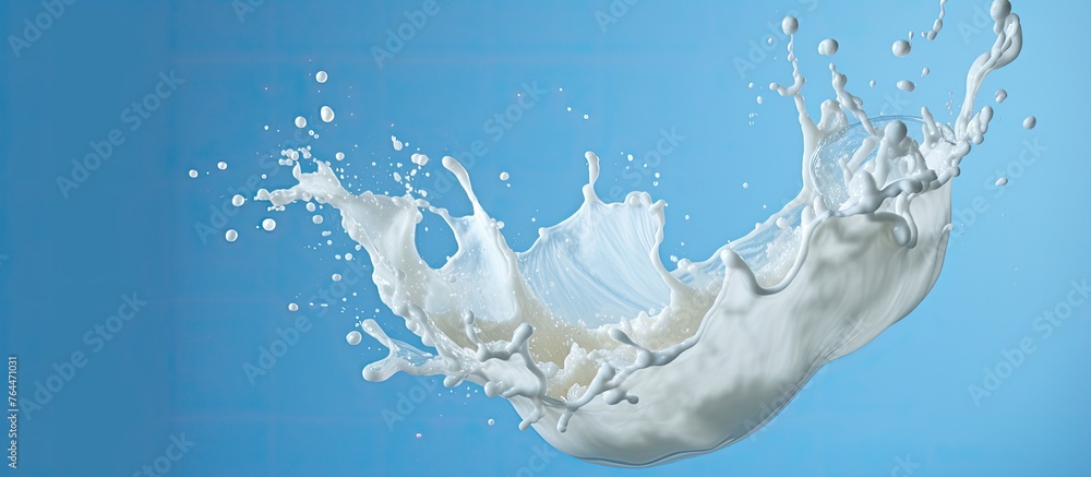 Poster close-up view of a fresh splash of milk on a vibrant blue background, creating a dynamic and refresh