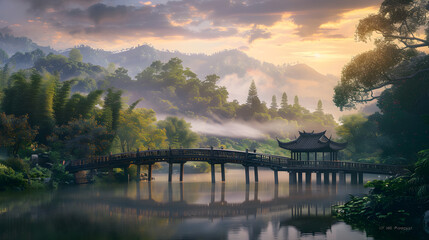 The Enchanting Serenity of a Misty Mountain Landscape: Sunset over Pristine Wilderness with a Reflective Lake and Wooden Bridge