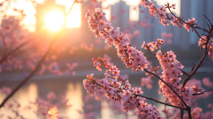 Combine cityscapes with blooming cherry blossoms, creating a juxtaposition of urban and natural...