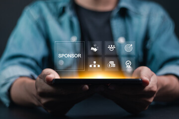 Sponsorship concept. Business between fund sponsors Resources or services. Businessman showing sponsor icon on virtual screen. - obrazy, fototapety, plakaty