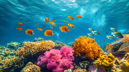 Fototapeta na wymiar Dive into crystal-clear waters and capture vibrant coral reefs, showcasing the kaleidoscope of colors beneath the sea's surface