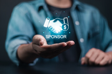 Sponsorship concept. Business between fund sponsors Resources or services. Businessman showing...