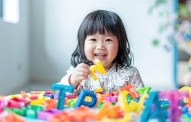 A little girl is sitting at the table playing with colorful plastic numbers