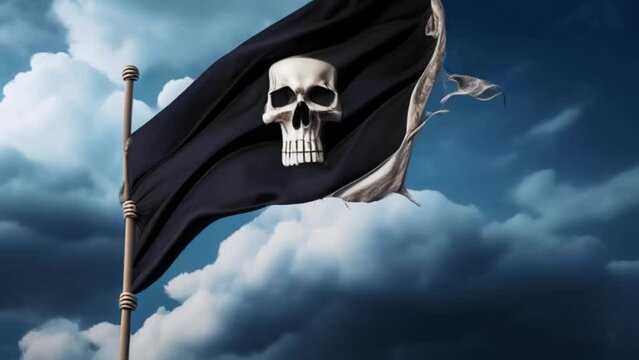 black pirate flag with bone and skull is on the flagpole, jolly roger. Symbol of piracy. Generative AI