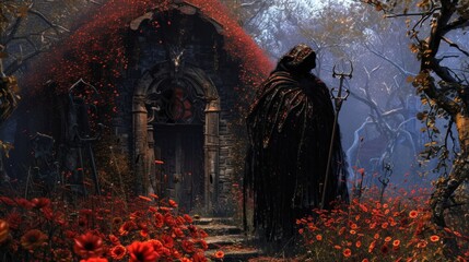 The dark old witch with a black robe was standing in front of a tattered old tent in the old forest