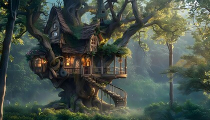 Fantasy tree house in forest