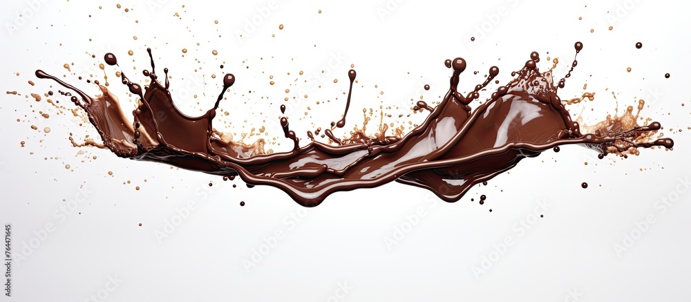 Poster an image of chocolate splashing on a smooth white surface against a plain white background