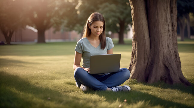 A Woman Sitting Cross Legged On The Grass Under A Tree With A Laptop On Her Lap